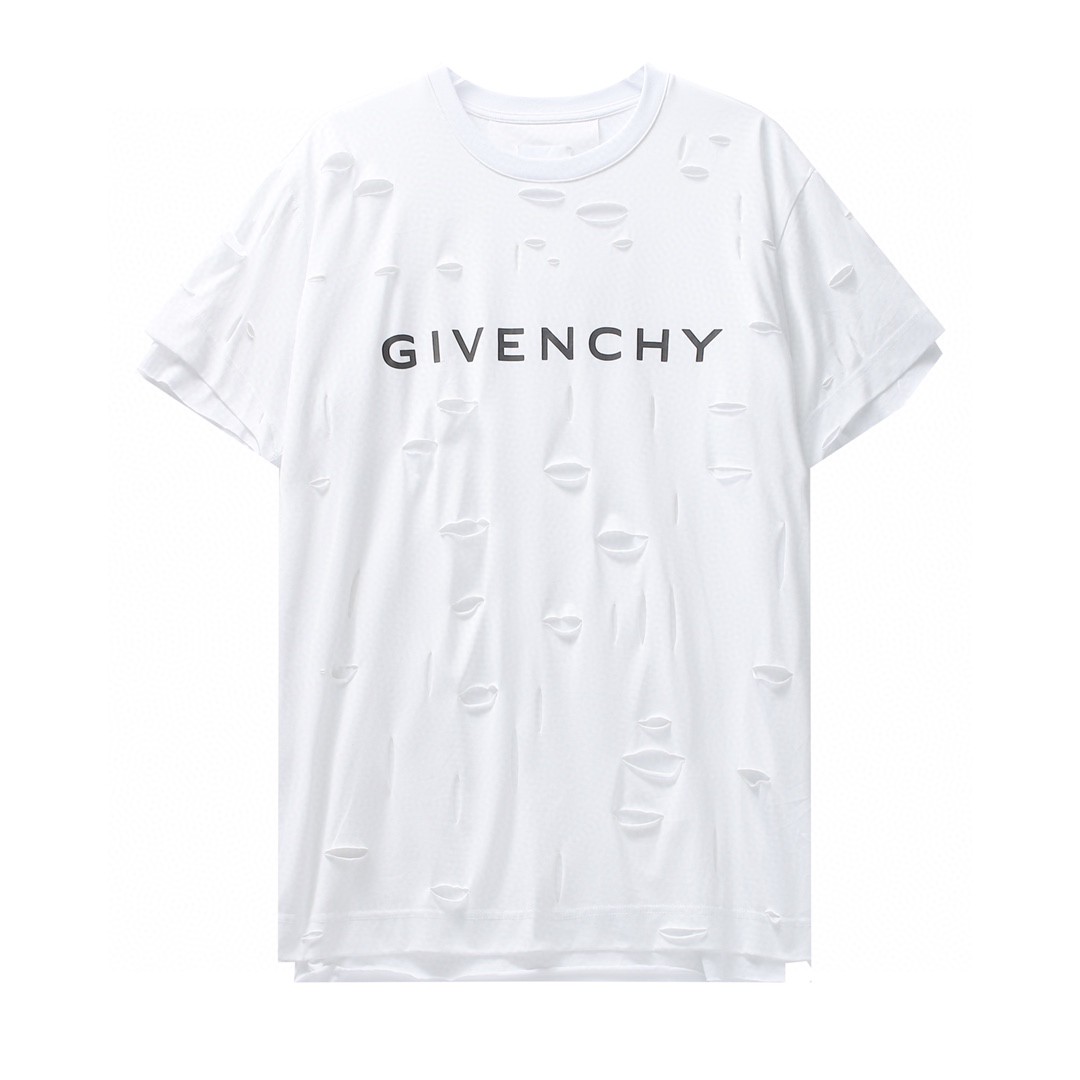 Givenchy 纪梵希 破洞假两件字母logo印花 T恤 短袖 套头 夏款 白色 BM71G13Y8Y-100