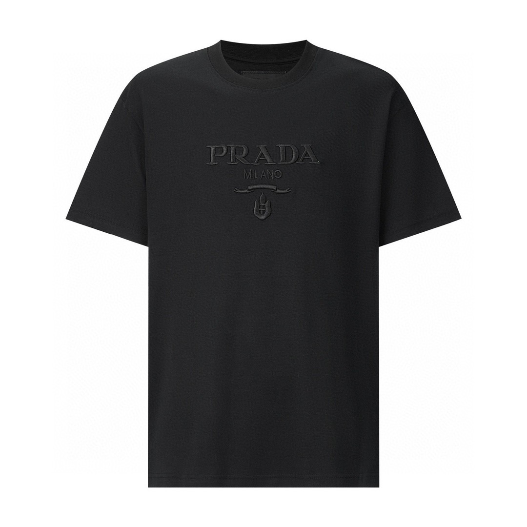PRADA 普拉达 纯色刺绣字母logo 圆领 短袖 T恤 黑色 UJN815-1052-F0002-S-221