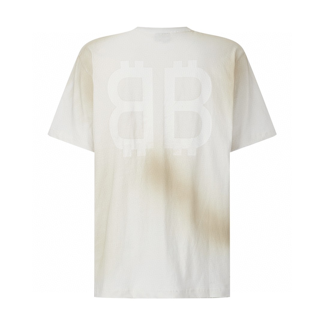Balenciaga 巴黎世家 双B泥染字母Logo印花 圆领 短袖 T恤 夏季 白色 739784TOVU69012
