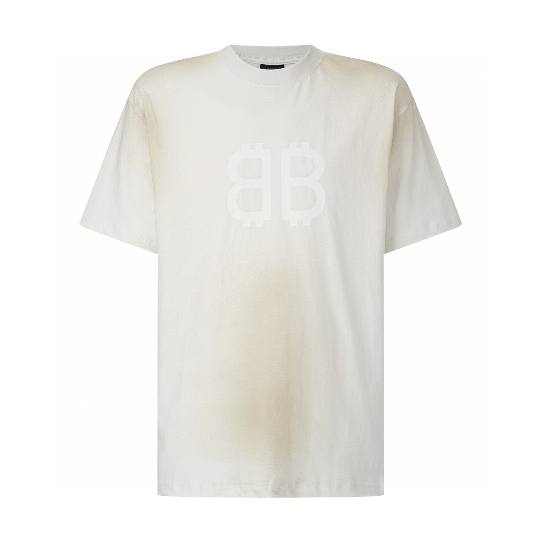 Balenciaga 巴黎世家 双B泥染字母Logo印花 圆领 短袖 T恤 夏季 白色 739784TOVU69012