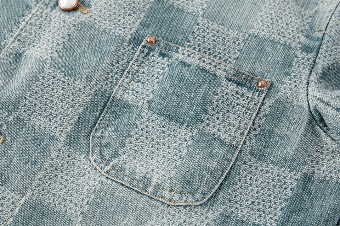 LOUIS VUITTON 路易威登 棋盘格圆领单排扣牛仔外套 夹克 长袖 蓝色 1AFHU5