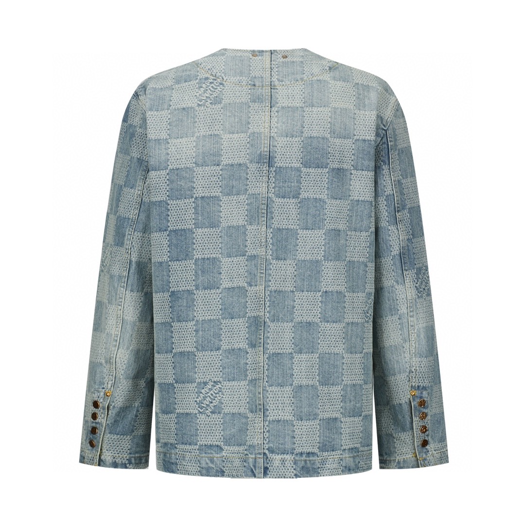LOUIS VUITTON 路易威登 棋盘格圆领单排扣牛仔外套 夹克 长袖 蓝色 1AFHU5