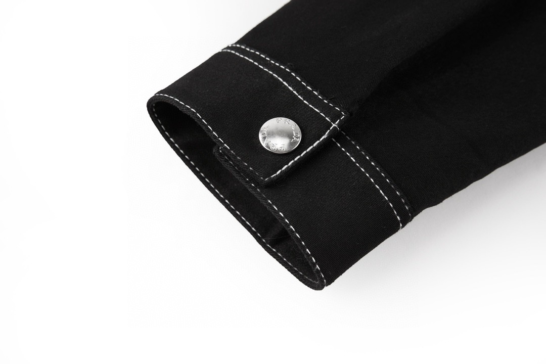 PRADA 普拉达 纯色logo徽标 牛仔衬衫 外套 长袖 黑色 SC696108IF0002