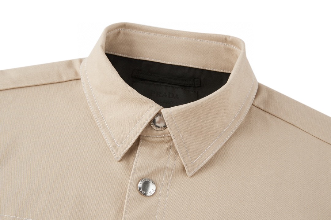 PRADA 普拉达 纯色logo徽标 牛仔衬衫 外套 长袖 卡其色 SC696-108I-F0241-S-232