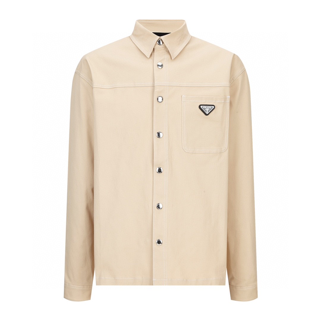 PRADA 普拉达 纯色logo徽标 牛仔衬衫 外套 长袖 卡其色 SC696-108I-F0241-S-232