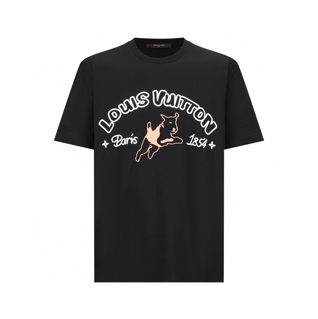 LOUIS VUITTON 路易威登 字母logo印花刺绣小狗图案 套头 圆领 短袖 T 恤 上衣 黑色 1AFQ67