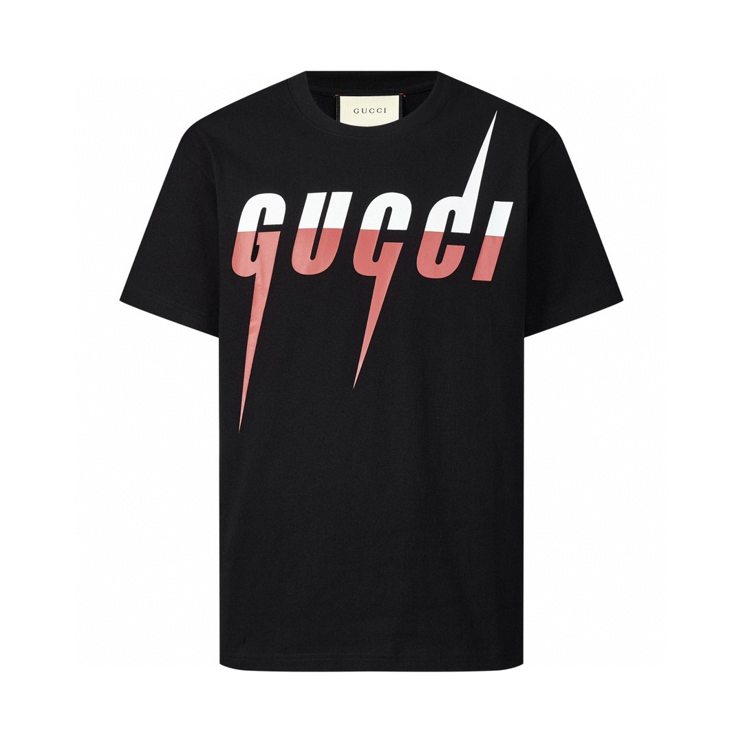 GUCCI 古驰 闪电拼色字母logo印花 短袖 T恤 圆领 套头 夏季 黑色 565806-XJAZY-1141