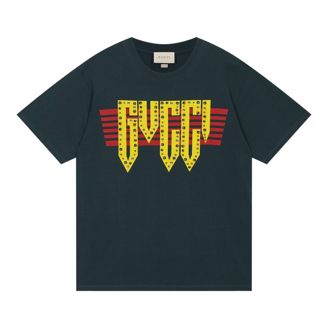 GUCCI 古驰 条纹铆钉字母logo印花 短袖 T恤 圆领 套头 夏季 黑色 616036-XJEUD-1117