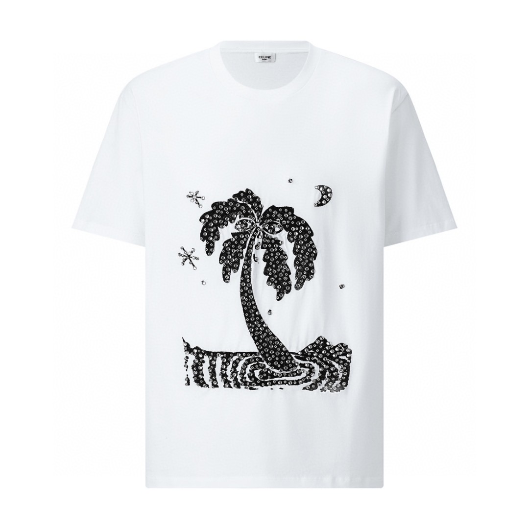 CELINE 赛琳 ed broner 联名款 椰树烫钻 短袖 T恤 圆领 夏款 白色 2X48C671Q-01EA
