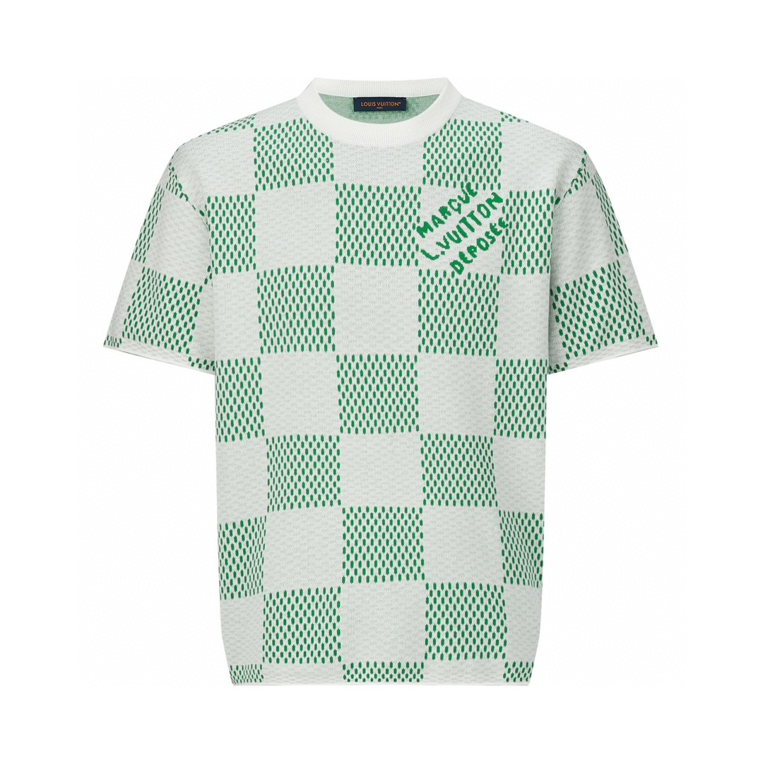LOUIS VUITTON 路易威登 棋盘格毛织短袖 圆领 T 恤 上衣 夏款 绿色 1AFIX4