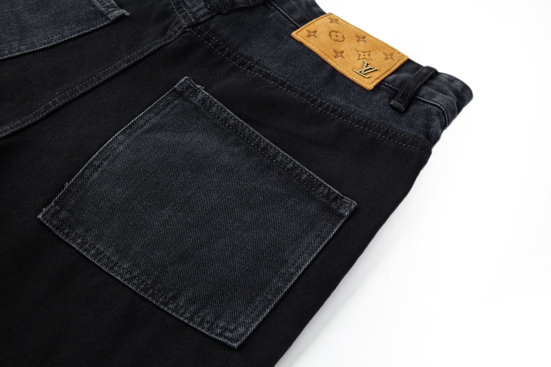 LOUIS VUITTON 路易威登 印花拉链口袋拼接牛仔裤 做旧 裤子 长裤 黑色 1AFACQ