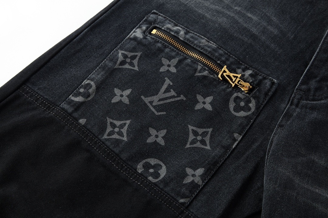 LOUIS VUITTON 路易威登 印花拉链口袋拼接牛仔裤 做旧 裤子 长裤 黑色 1AFACQ