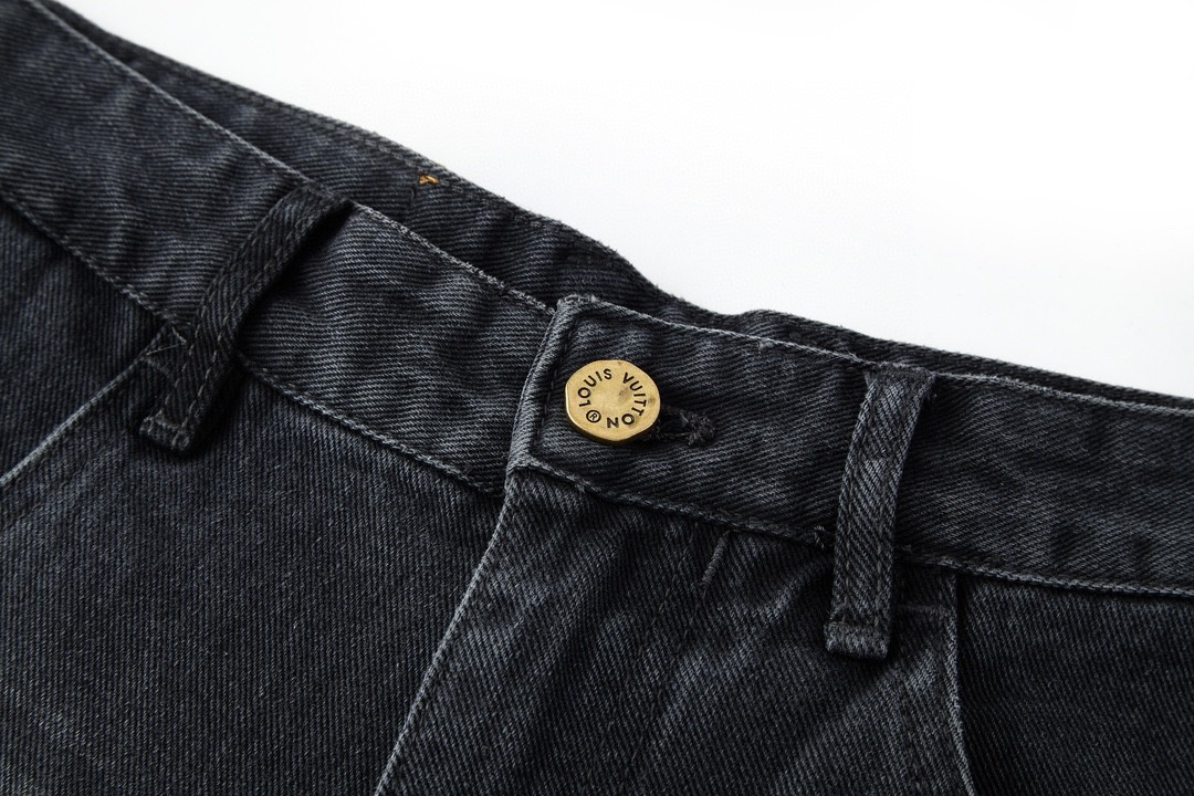 LOUIS VUITTON 路易威登 印花拉链口袋拼接牛仔裤 做旧 裤子 长裤 黑色 1AFACQ