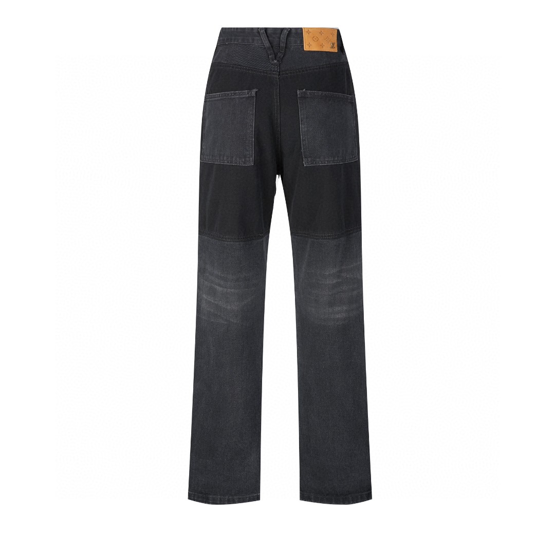 LOUIS VUITTON 路易威登 印花拉链口袋拼接牛仔裤 做旧 裤子 长裤 黑色 1AFACQ