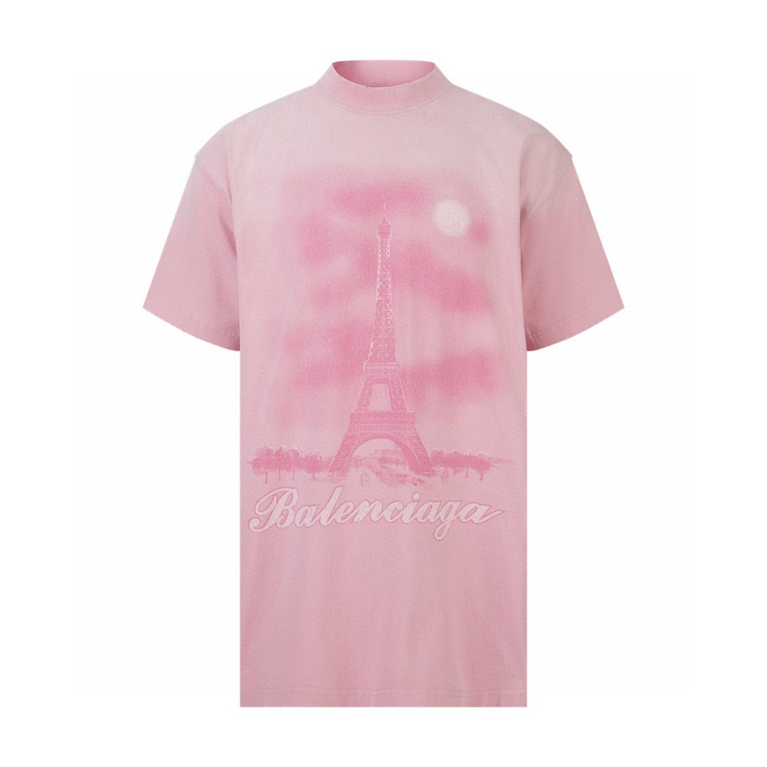 Balenciaga 巴黎世家 巴黎铁塔夜景 圆领 短袖 T恤 夏季 粉色 739028TQVO15905