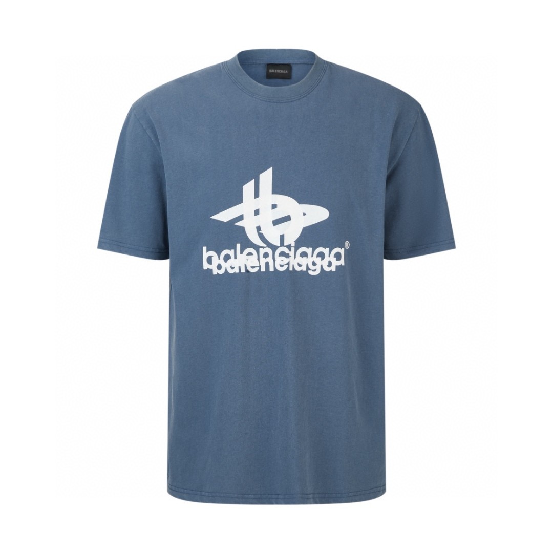 Balenciaga 巴黎世家 重影字母Logo印花 圆领 短袖 T恤 夏季 蓝色