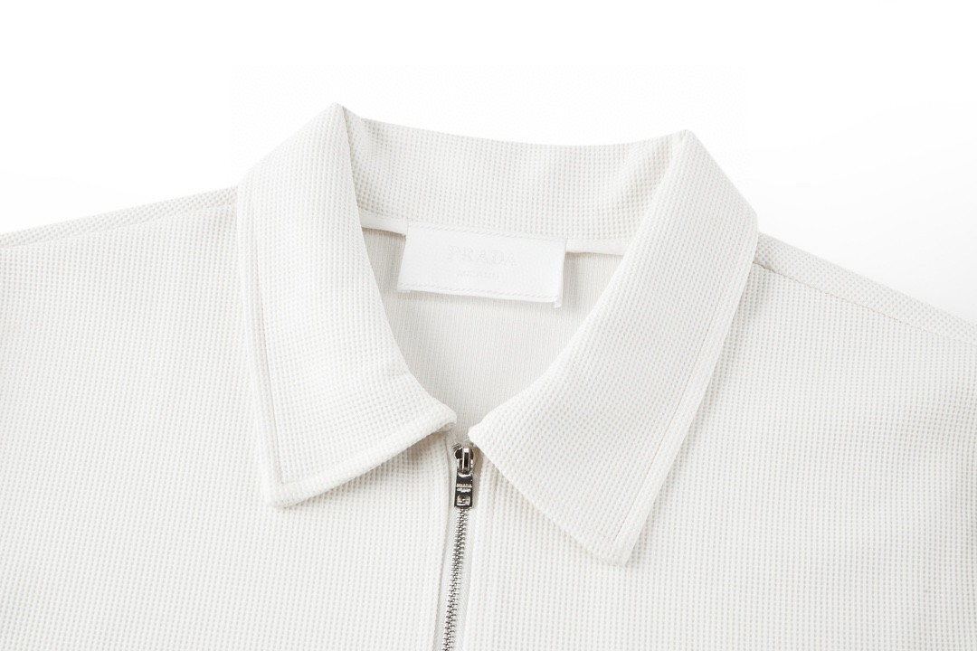 PRADA 普拉达 华夫格半拉链徽标Polo衫 短袖 T恤 白色