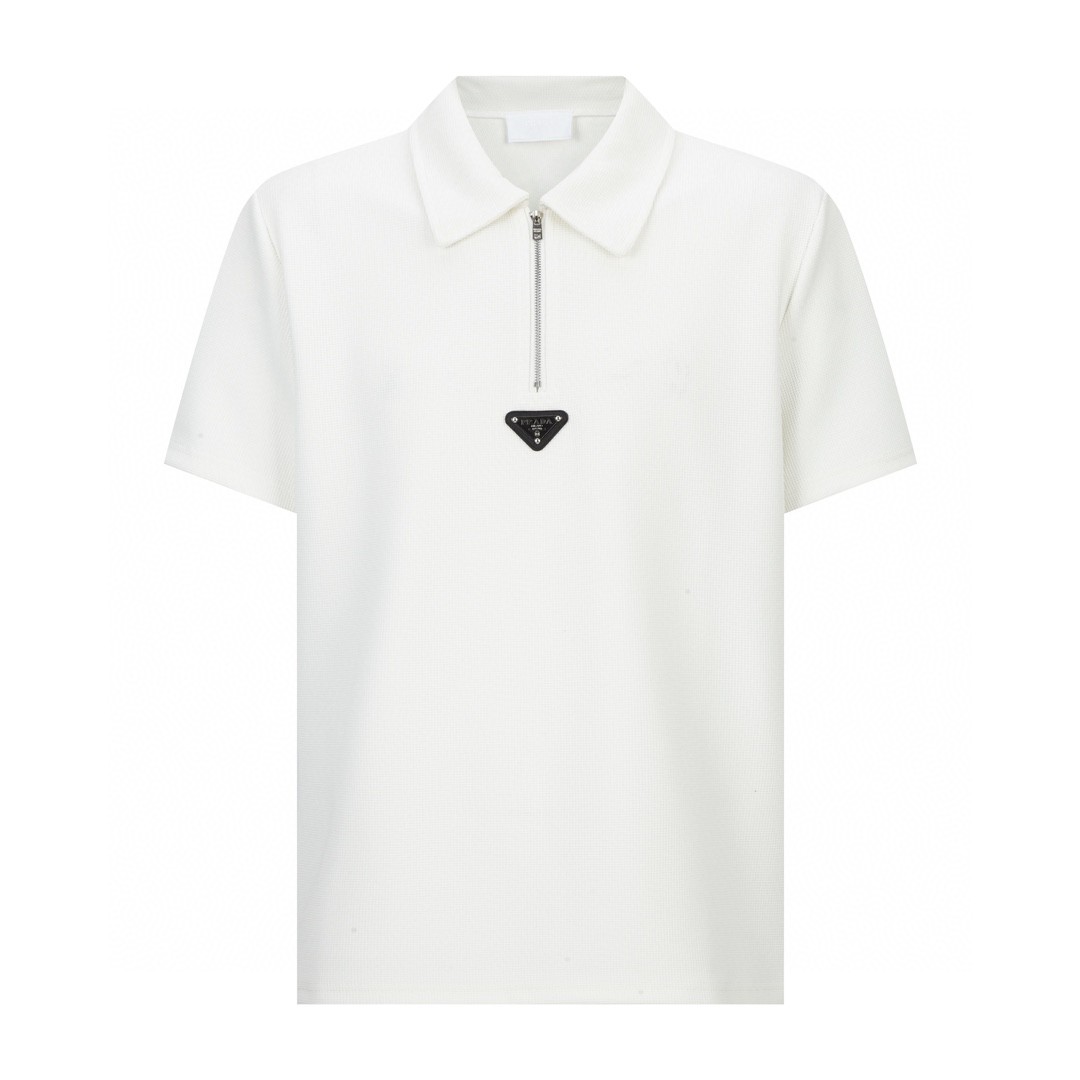 PRADA 普拉达 华夫格半拉链徽标Polo衫 短袖 T恤 白色