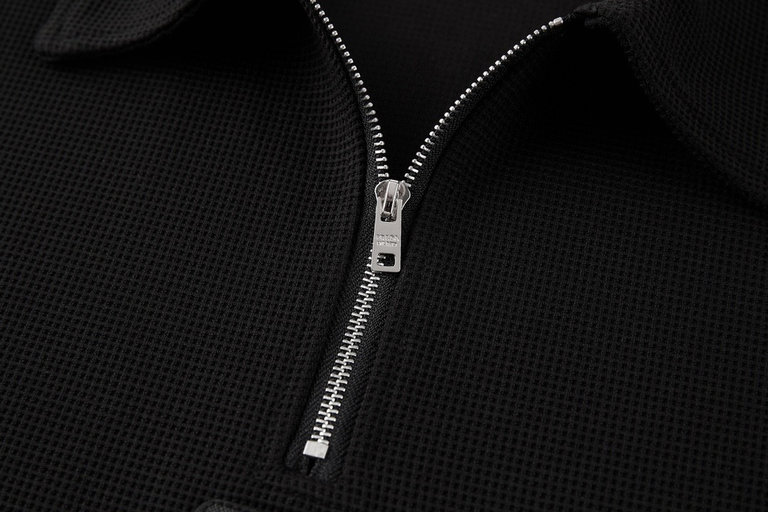 PRADA 普拉达 华夫格半拉链徽标Polo衫 短袖 T恤 黑色 