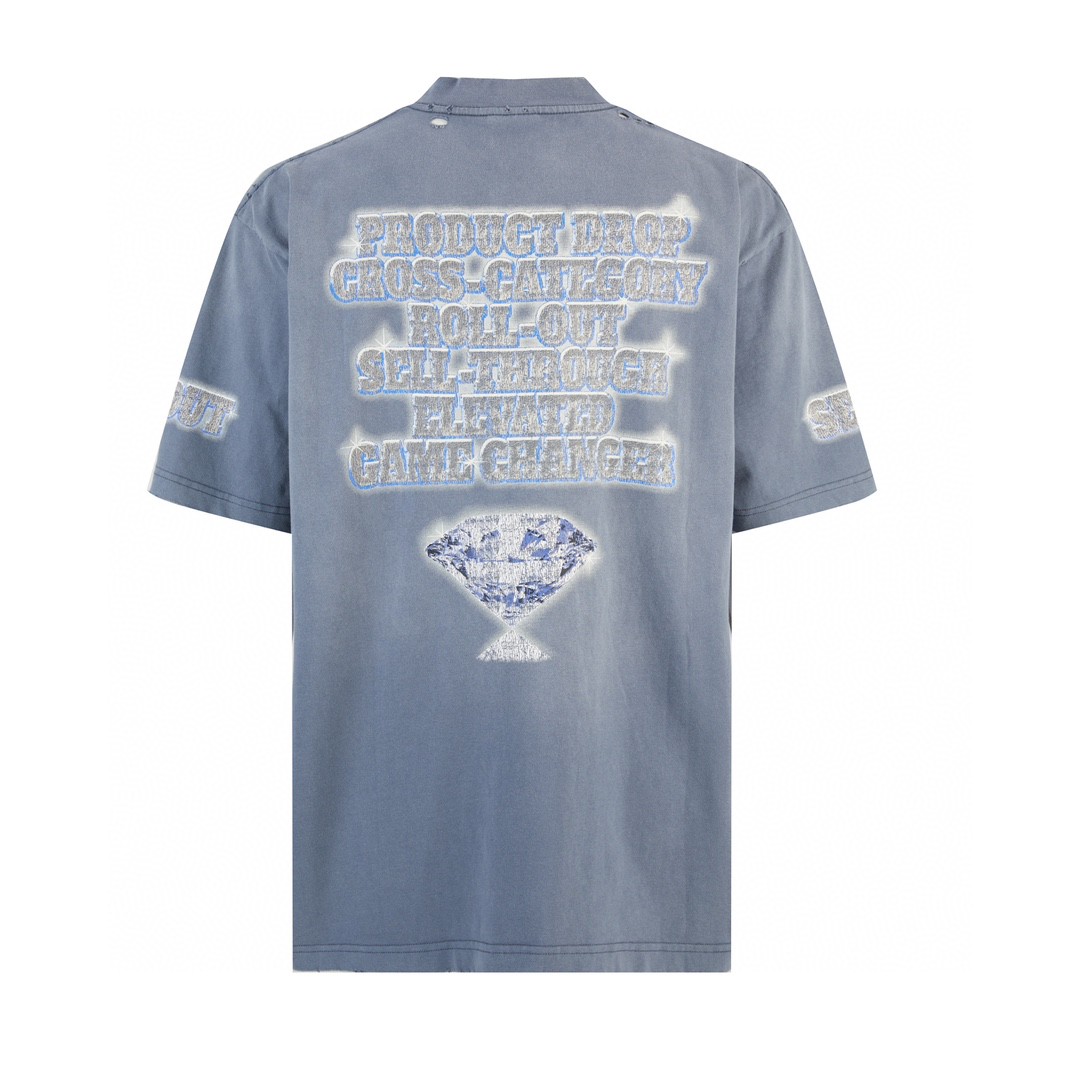 Balenciaga 巴黎世家 做旧钻石字母logo印花短袖 T 恤 圆领 夏季 蓝色 764235TQVE84108