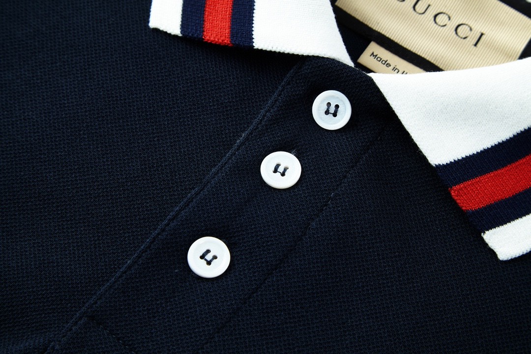 GUCCI 古驰 胸口口袋刺绣logo 条纹边饰Polo衫 短袖 T恤 夏季 蓝色 752604XJFTL4215
