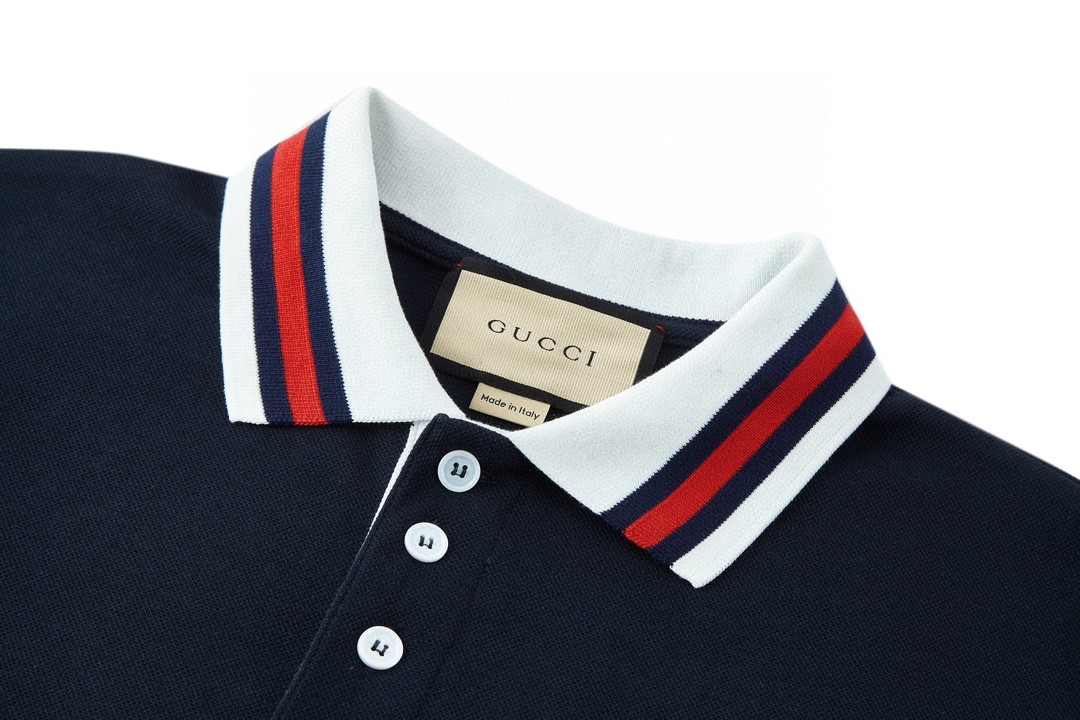 GUCCI 古驰 胸口口袋刺绣logo 条纹边饰Polo衫 短袖 T恤 夏季 蓝色 752604XJFTL4215