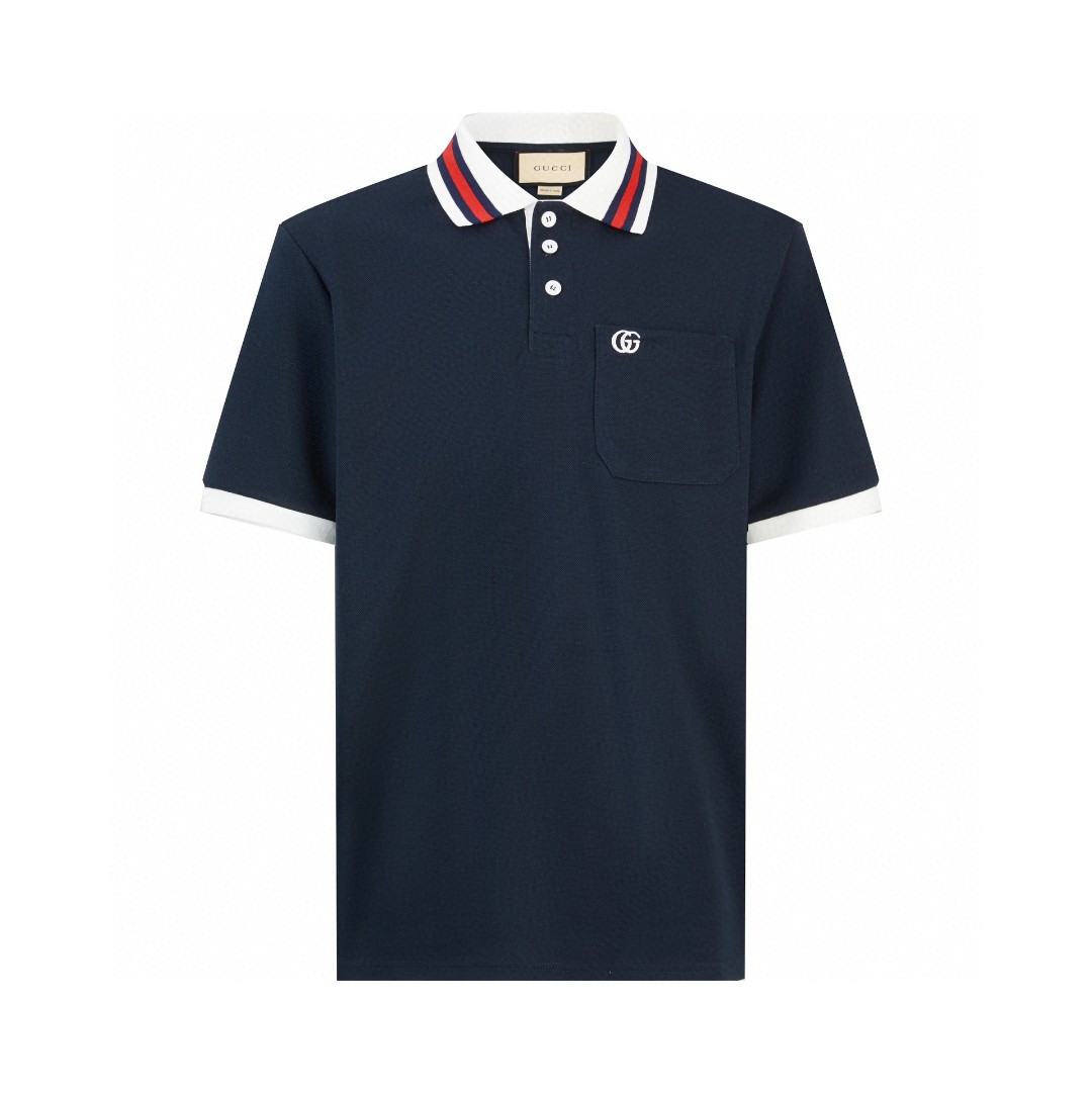 GUCCI 古驰 胸口口袋刺绣logo 条纹边饰Polo衫 短袖 T恤 夏季 蓝色 752604XJFTL4215
