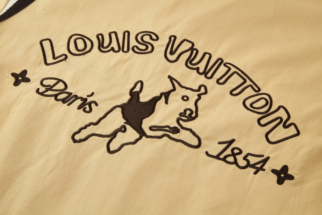 LOUIS VUITTON 路易威登 拼色刺绣小狗图案衬衫短袖 上衣 夏款 黄色 1AFQ14