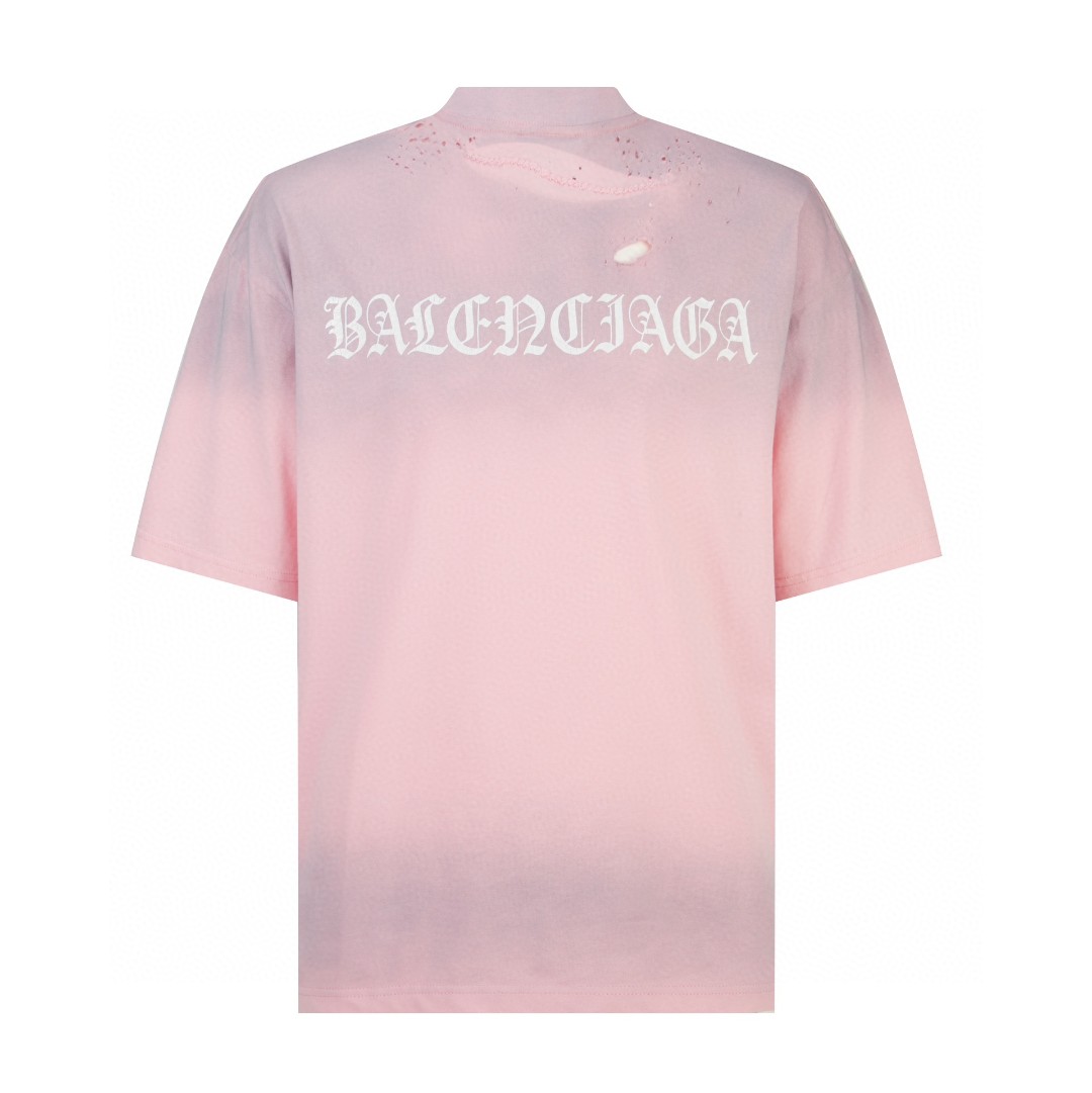Balenciaga 巴黎世家 做旧晕染破洞梵文字母logo印花短袖 T 恤 圆领 夏季 粉色