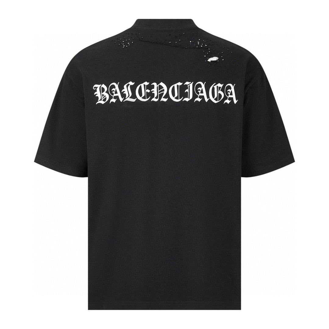 Balenciaga 巴黎世家 做旧破洞梵文字母logo印花短袖 T 恤 圆领 夏季 黑色 764235TQVJ81569