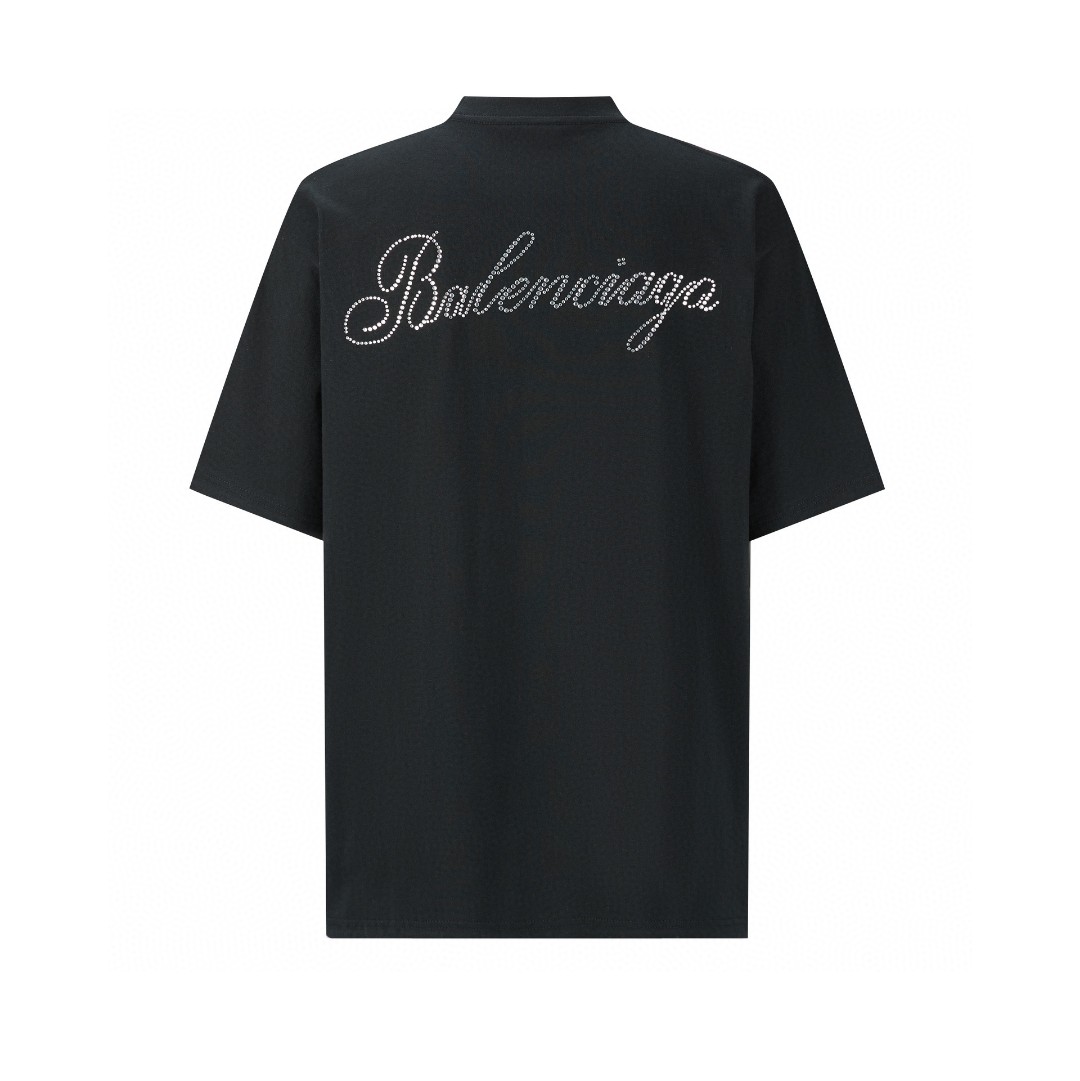 Balenciaga 巴黎世家 纯色后背水钻字母logo印花短袖 T 恤 圆领 夏季 黑色 641655TPVP71000