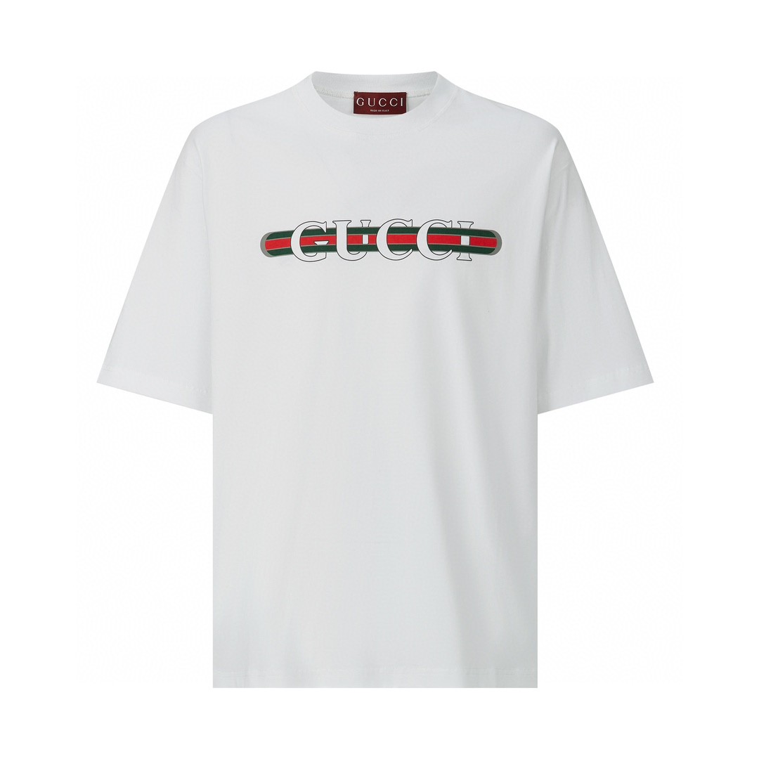 GUCCI 古驰 红绿腰带字母logo印花 短袖 T恤 圆领 套头 夏季 白色 784361-XJGKB-9074