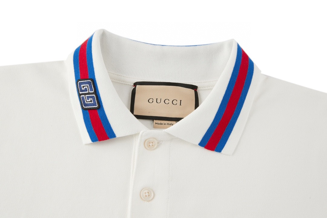 GUCCI 古驰 领口GG字母logo条纹边饰Polo衫 短袖 T恤 夏季 米白色 768630-XJF45-9733