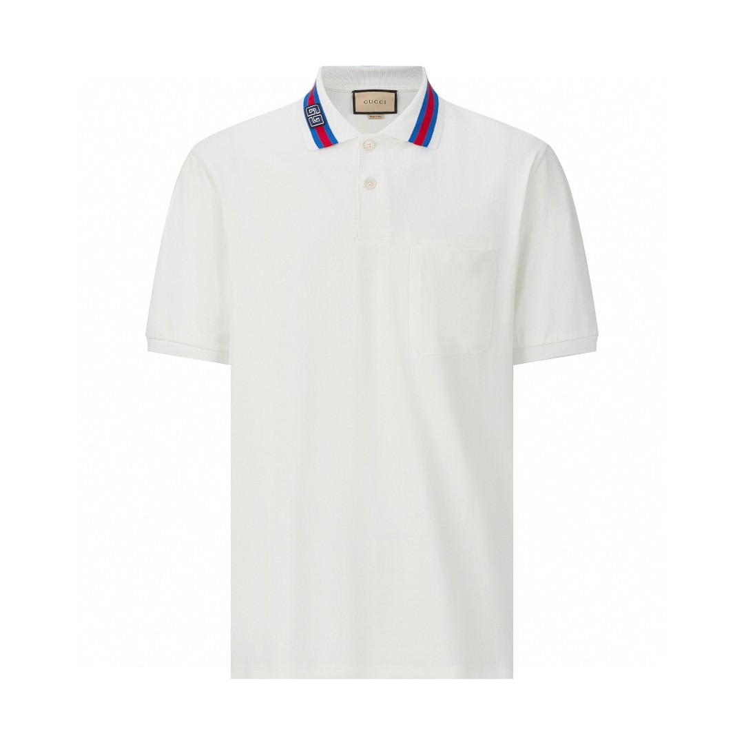 GUCCI 古驰 领口GG字母logo条纹边饰Polo衫 短袖 T恤 夏季 米白色 768630-XJF45-9733