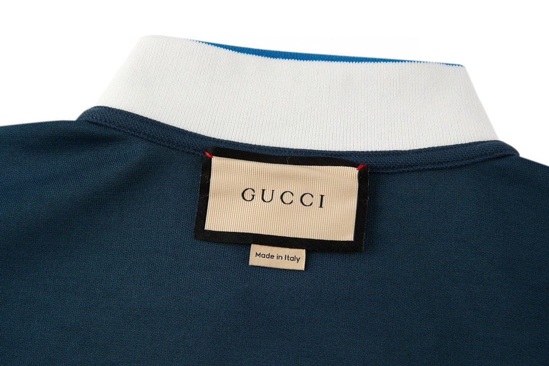 GUCCI 古驰 领口GG字母logo条纹边饰Polo衫 短袖 T恤 夏季 藏蓝色 768630-XJF45-4030