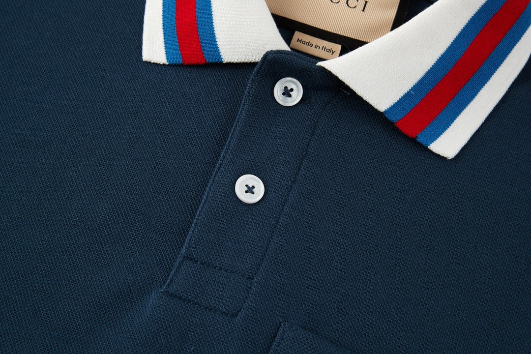 GUCCI 古驰 领口GG字母logo条纹边饰Polo衫 短袖 T恤 夏季 藏蓝色 768630-XJF45-4030
