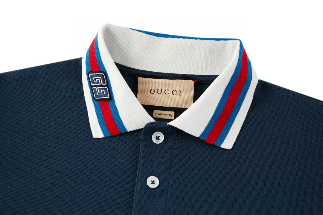 GUCCI 古驰 领口GG字母logo条纹边饰Polo衫 短袖 T恤 夏季 藏蓝色 768630-XJF45-4030
