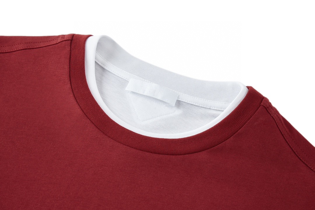 PRADA 普拉达 假两件徽标 圆领 短袖 T恤 红色