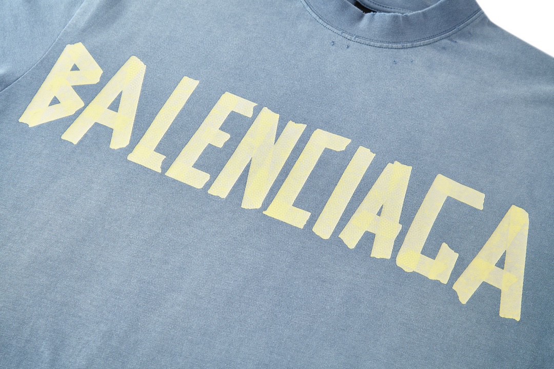  Balenciaga 巴黎世家 美纹纸 胶带 logo印花短袖 T 恤 圆领 夏季 蓝色 739784TOVA94530