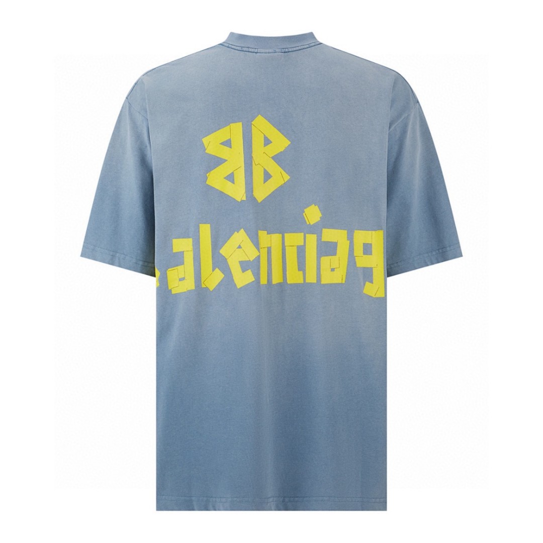  Balenciaga 巴黎世家 美纹纸 胶带 logo印花短袖 T 恤 圆领 夏季 蓝色 739784TOVA94530