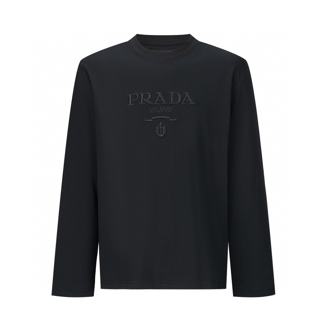 PRADA 普拉达 纯色刺绣字母logo T恤 长袖 黑色 