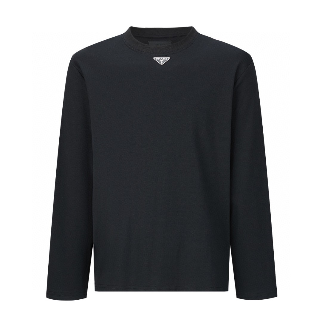 PRADA 普拉达 纯色领口logo徽标 T恤 长袖 黑色 