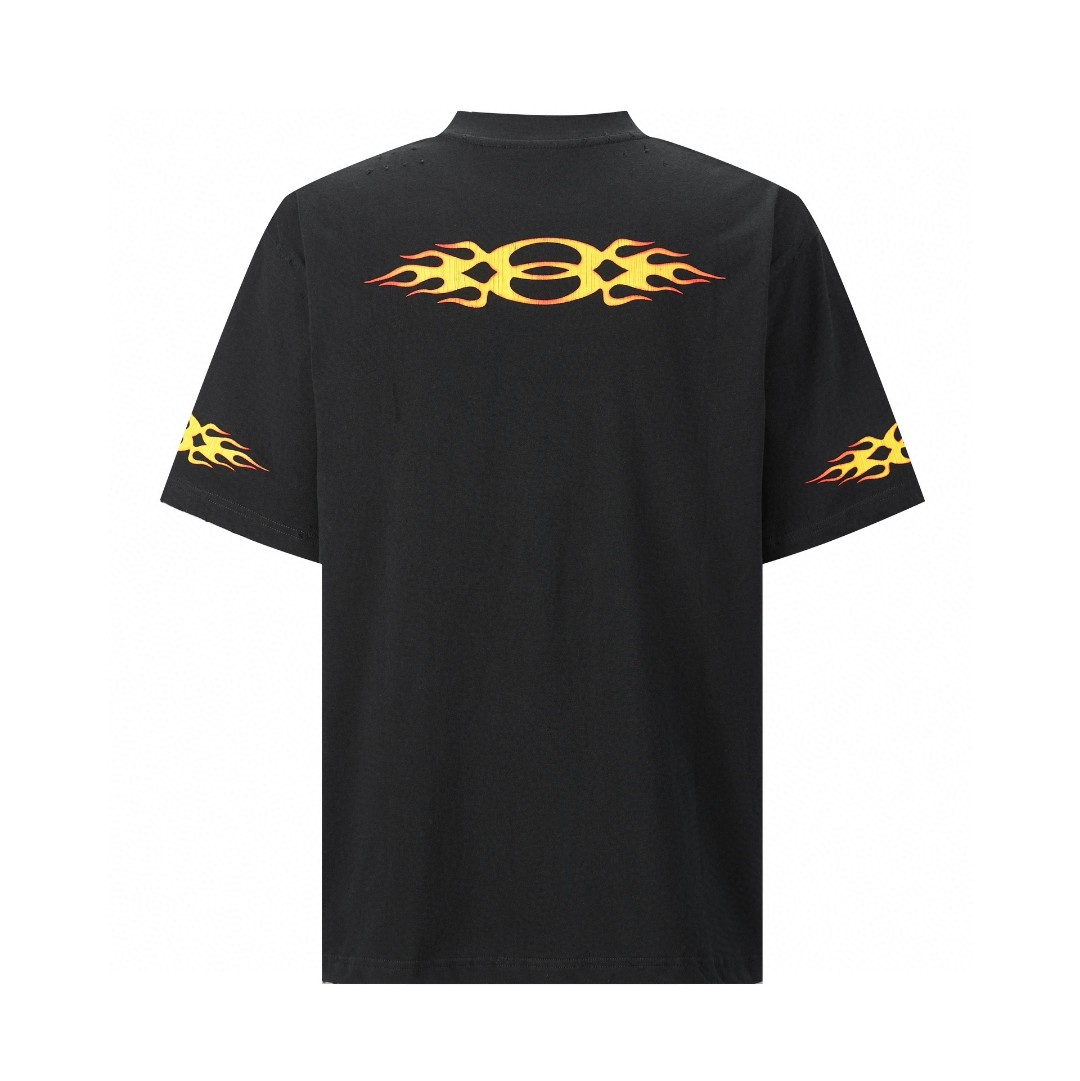 Balenciaga 巴黎世家 破洞火焰字母logo印花短袖 T恤 圆领 短款 夏季 黑色 787349TQVW71134