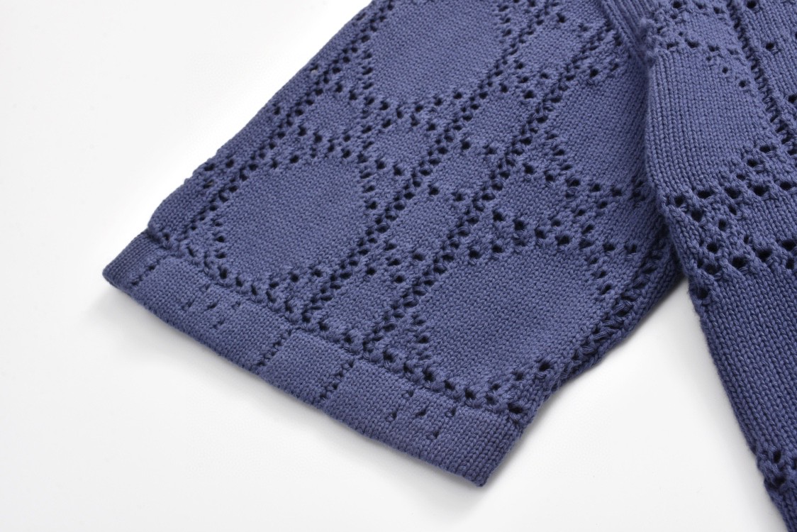 DIOR 迪奥 Logo字母贴花镂空翻领单排扣针织衫 衬衫 短袖 夏季 蓝色 493M530AT840-C580