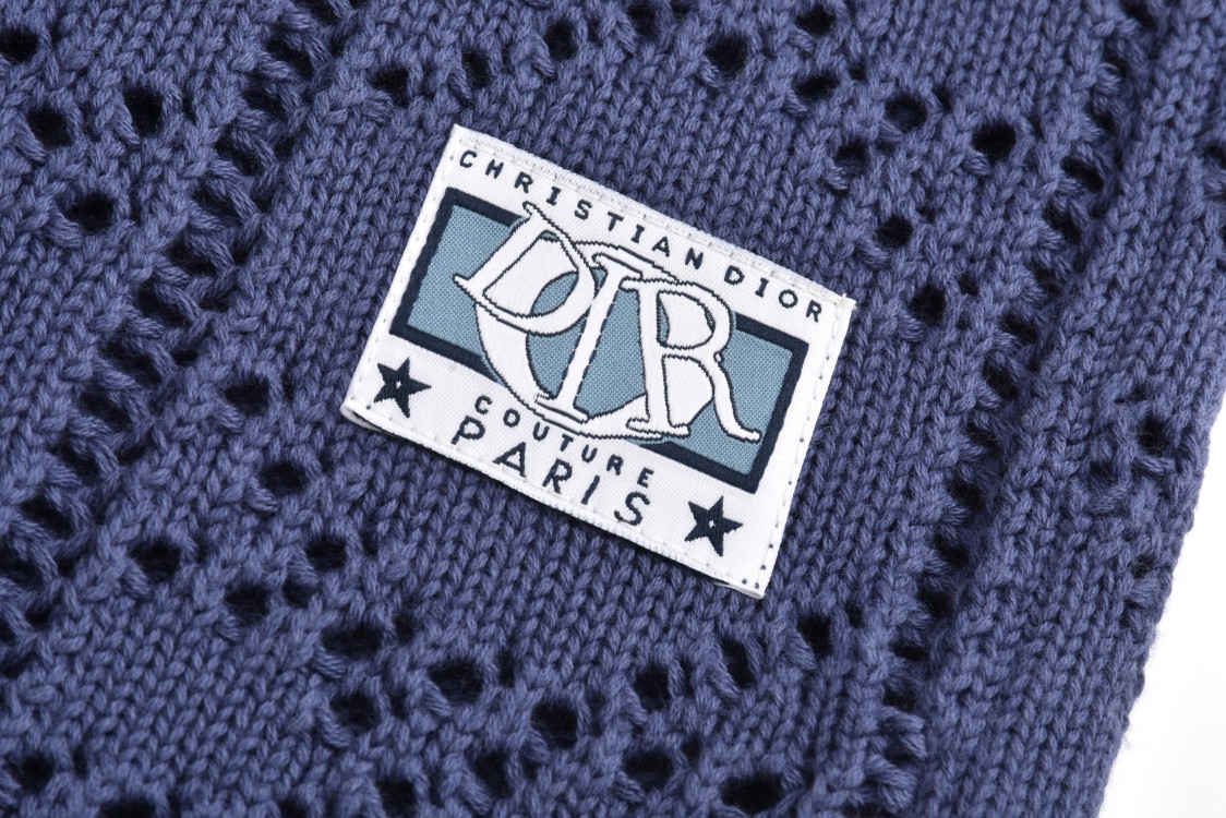 DIOR 迪奥 Logo字母贴花镂空翻领单排扣针织衫 衬衫 短袖 夏季 蓝色 493M530AT840-C580