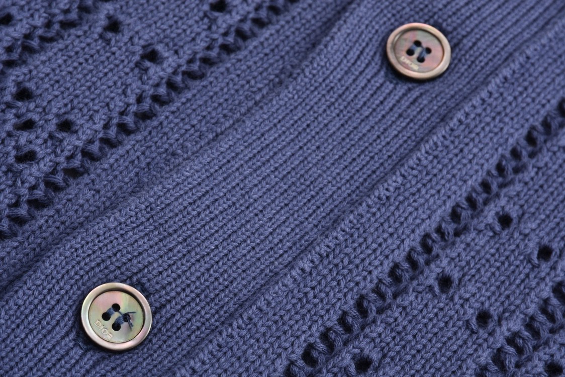 DIOR 迪奥 Logo字母贴花镂空翻领单排扣针织衫 衬衫 短袖 夏季 蓝色 493M530AT840-C580