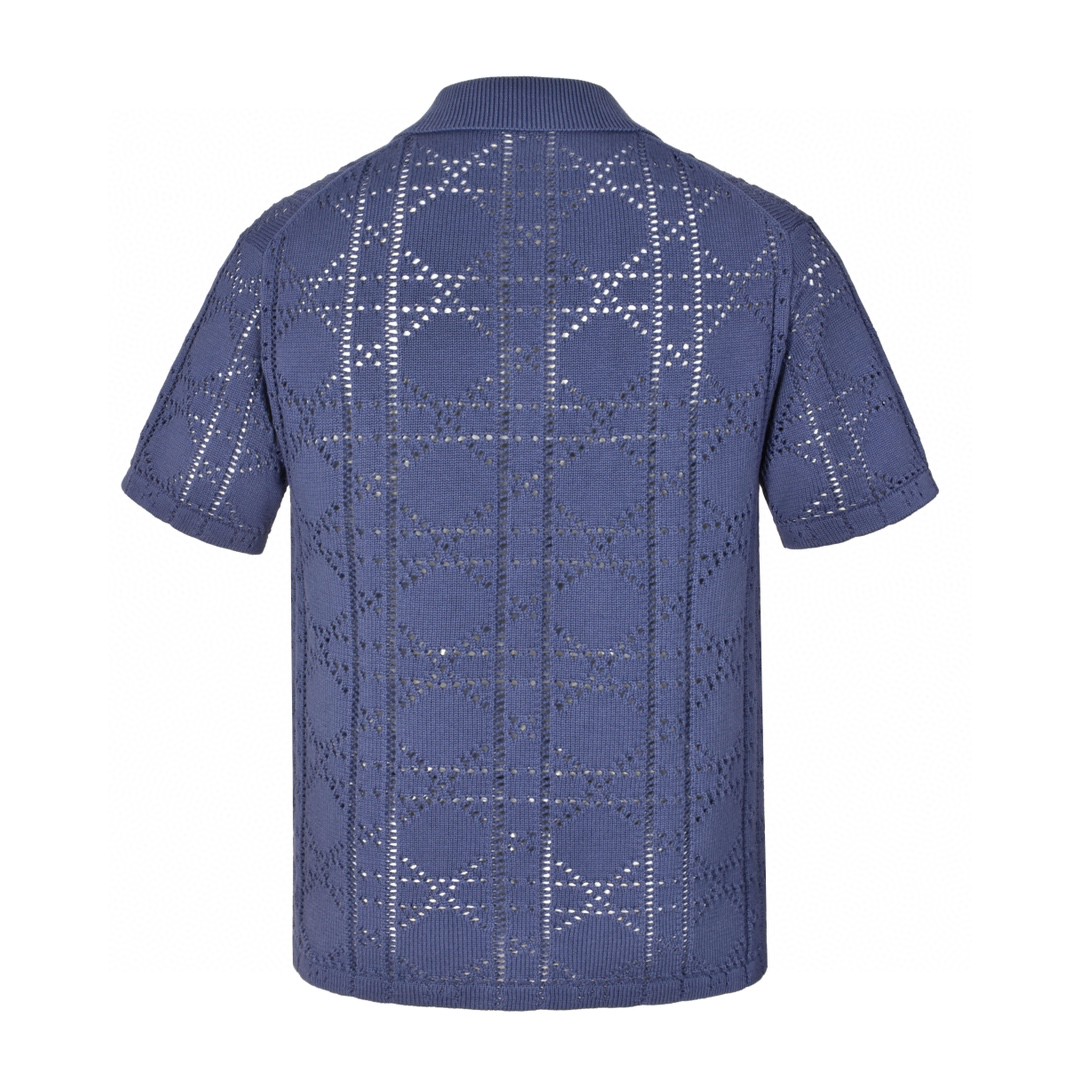 DIOR 迪奥 Logo字母贴花镂空翻领单排扣针织衫 衬衫 短袖 夏季 蓝色 493M530AT840-C580