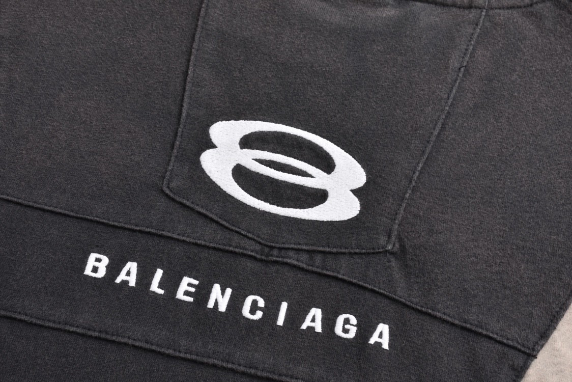 Balenciaga 巴黎世家 重工拼接双环字母logo刺绣短袖 T恤 圆领 短款 夏季 黑色 