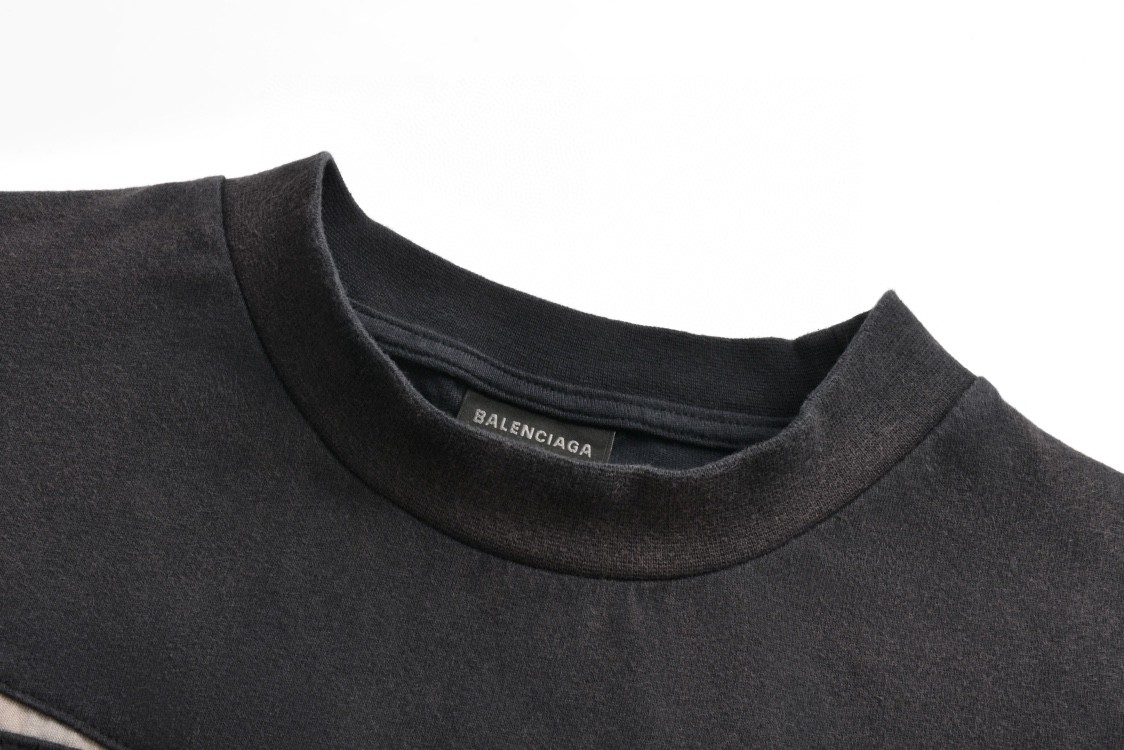 Balenciaga 巴黎世家 重工拼接双环字母logo刺绣短袖 T恤 圆领 短款 夏季 黑色 