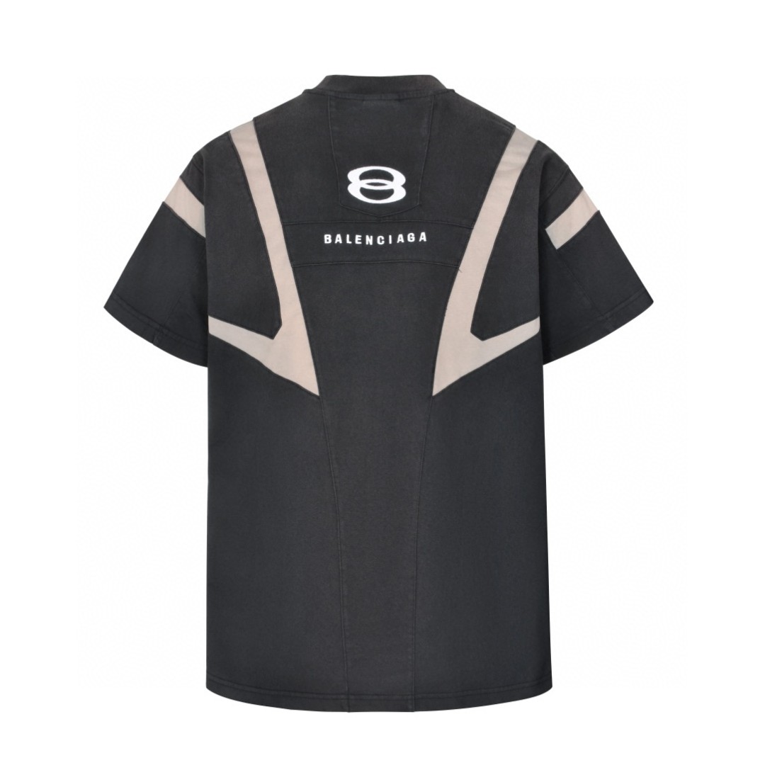 Balenciaga 巴黎世家 重工拼接双环字母logo刺绣短袖 T恤 圆领 短款 夏季 黑色 